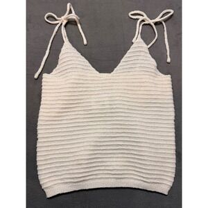 Blu Pepper Ivory Ribbed Knit Tie Strap V Neck Tank Top Boho Nautical cottagecore